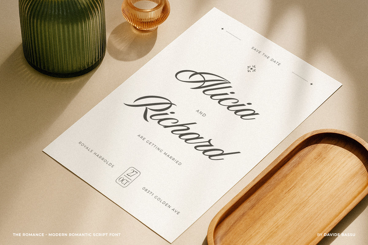 Elegant wedding invitation design using The Romance script font - Modern calligraphy style for luxury events
