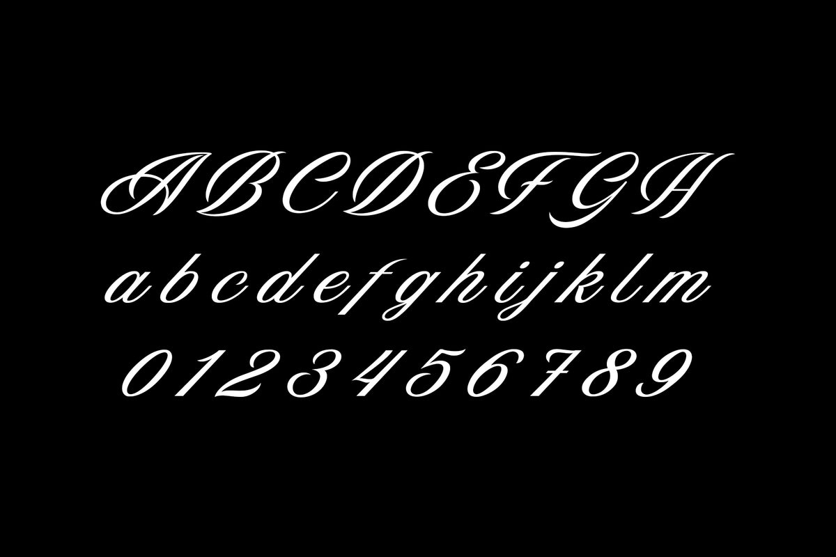 The Romance font full alphabet A-Z - Handwritten script letters, numbers and punctuation marks preview