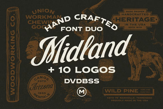 Midland Hand Crafted Font Duo - Vintage lettering style with retro illustrations and logo templates
