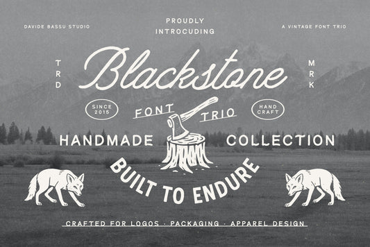 Blackstone Handmade Font Trio - Vintage outdoor font collection including script, display and caption styles